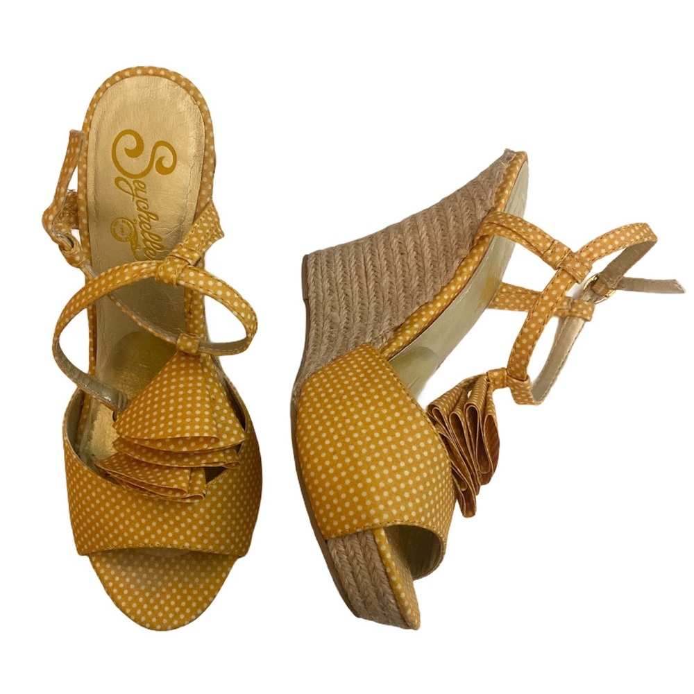 Seychelles Yellow Polka Dot Peep Toe Platform Wedges, Size 5.5 Women’s